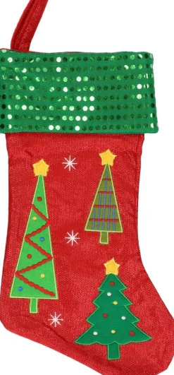 Merkloos Kerstsokken>4X Stuks Rood/Groene Kerstsokken Met Kerstbomen Print 45 Cm - Kerstversiering/Kerstdecoratie