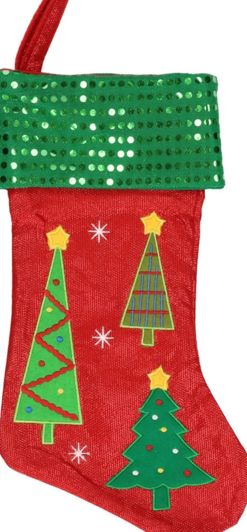 Merkloos Kerstsokken>4X Stuks Rood/Groene Kerstsokken Met Kerstbomen Print 45 Cm - Kerstversiering/Kerstdecoratie