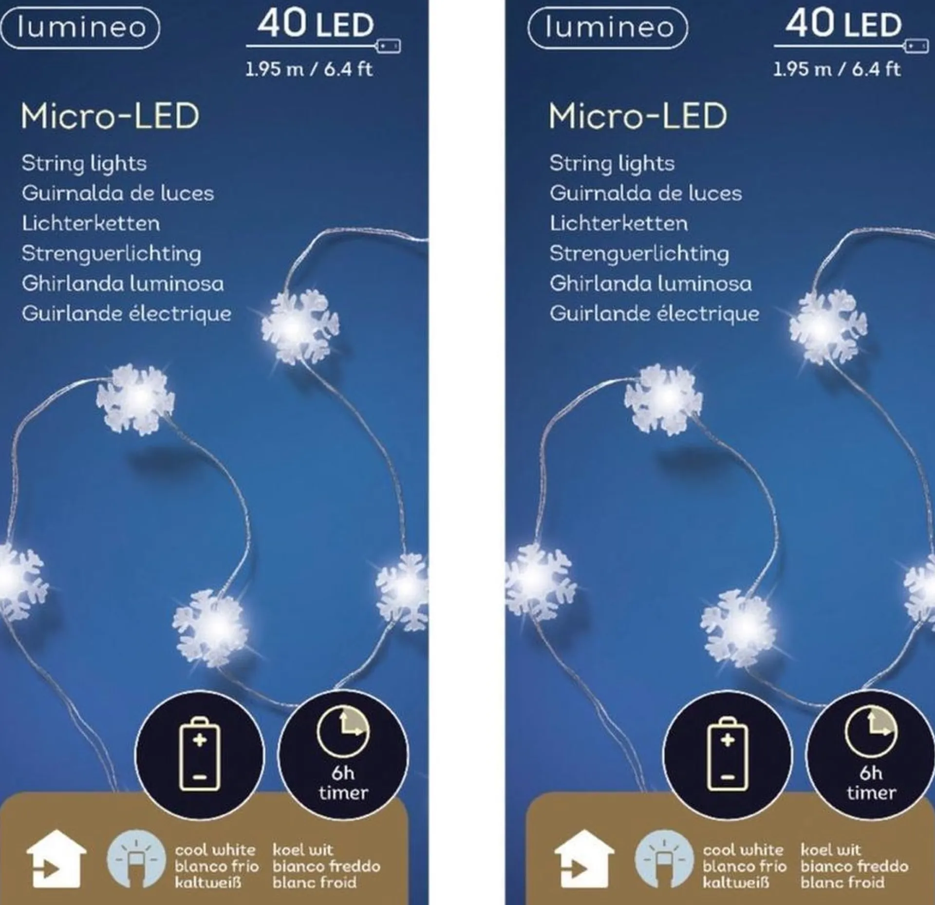 Lumineo 2X Stuks Sneeuwvlokken Lichtsnoeren Met Timer 40 Lampjes Wit Op Batterij - Sneeuwvlok Verlichting - Kerstlampjes/Kerstlichtjes Best