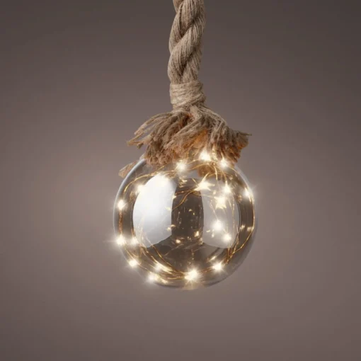 Lumineo 1X Stuks Verlichte Glazen Kerstballen Aan Touw Met 30 Lampjes Zilver/Warm Wit 15 Cm - Decoratie Kerstballen Met Licht Fashion