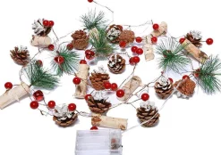 Merkloos Xtraworks - Naturaal Led Lichtsnoer Met Dennenappels, Rode Bessen En Houten Elementen - Decoratie Voor Binnen En Buiten - 2 Meter 20 Lichten - Warm Licht Clearance