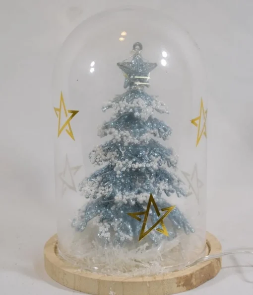 ZoeZo Design Kerststukjes> - Glazen Stolp Met Blauwe Kerstboom - Met Verlichting - Op Batterijen - Mini Kerstboom - Sneeuw En Glitter - O 13 Cm - Hoogte 20 Cm