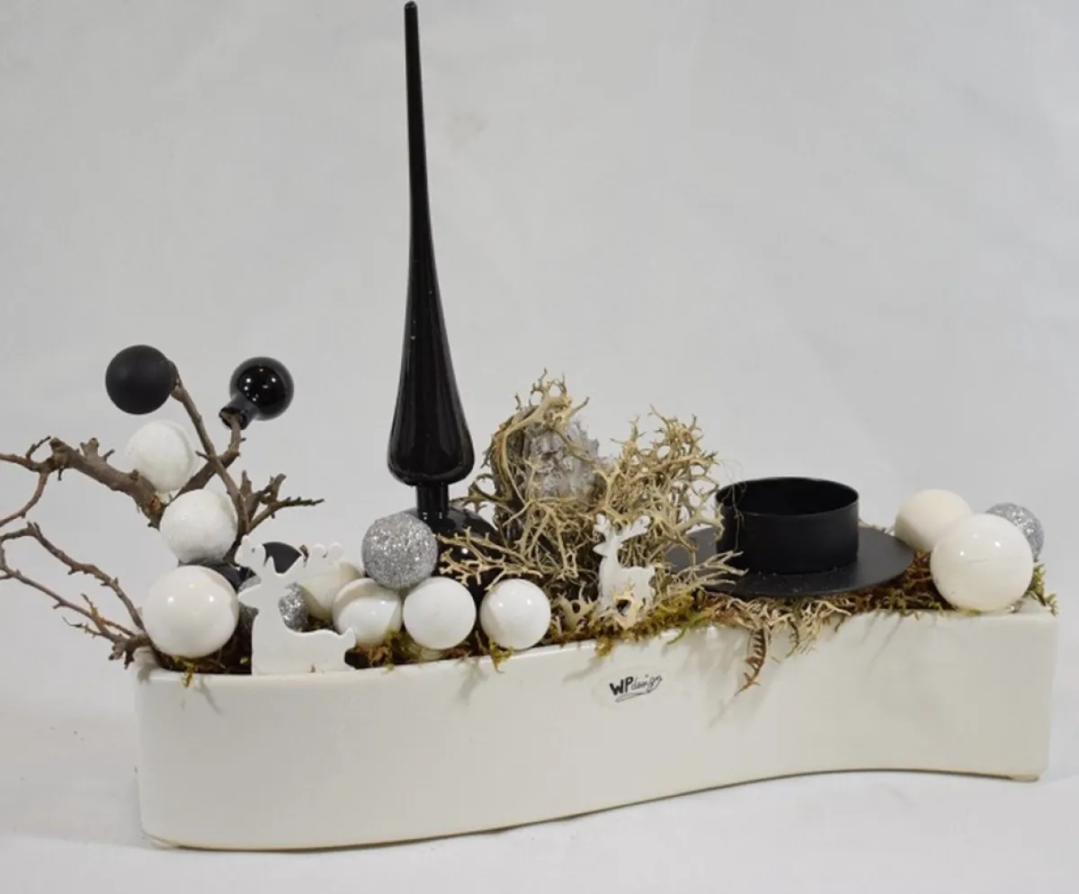 ZoeZo Design Kerststukjes> - Kerststukje - Kerststuk - Kerstdecoratie - Kerstversiering - Met Waxinelichtjeshouder - Aardewerk Potje - Wit - Zwart - 26X22X7 Cm